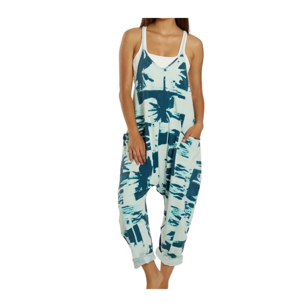 FP Movement Hot Shot Printed Onesie Jumpsuit Mint Navy Palm Tree Size M